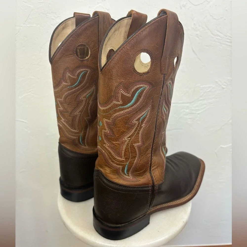 OLD WEST Broad Square Toe‎ Western Cowboy Boots Brown Tan Leather Cowgirl 6